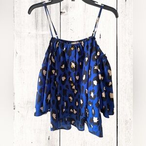 Womens Medium Gianni Bini GB Blue Strap/Cold Shoulder Flowy Blouse Top Leopard